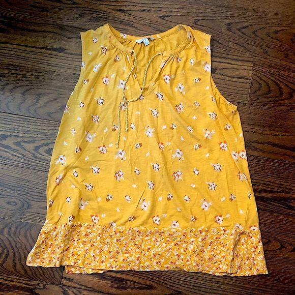 LUCKY BRAND Womens Golden Yellow Floral Sleeveless Tie Neck Top Sz Medium - Picture 5 of 5